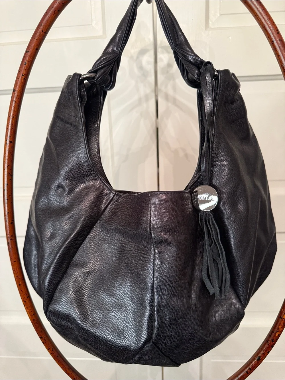 Furla Italian Leather Slouchy Hobo Shoulder Bag Black Tassel Large